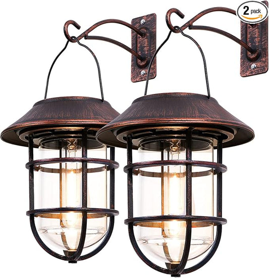 Solar Lantern Outdoor Hanging Solar Lights, Waterproof Metal Solar Outdoor Lights with Clear Glass, LED Edison Bulbs Cordless Decorative Aluminum Wall Lantern with Hooks, Bronze