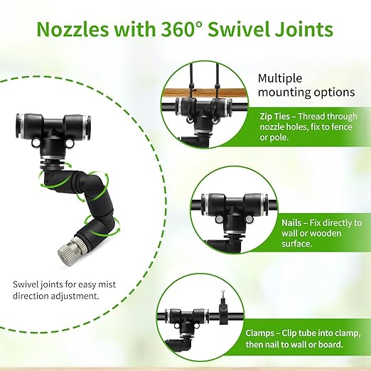 Outdoor Misting Cooling System,49FT (15M) Misting Line + 3/4” Threaded Adapter + 13 Adjustable 360° Nozzles, Garden, Greenhouse, Misters for Outside Patio