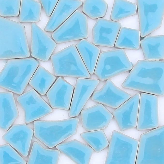 Mosaic Tiles for Crafts Assorted Color Ceramic Glitter Mosaic Supplies Pieces Bulk Square Triangles Trapezoids Polygons Irregular Size, 200g (Sky Blue)