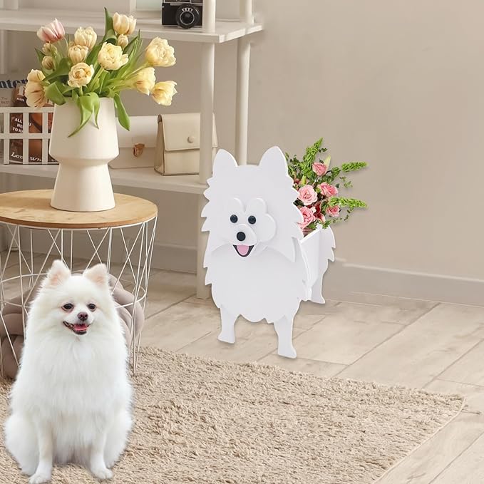White Pomeranian Dog Planter Plant Pots,Cute Garden Dog Flower Planter,Dog Planters Birthday Gifts for Women,Office,Indoor/Outdoor Decor（9.45 * 6.65 * 12.13in）