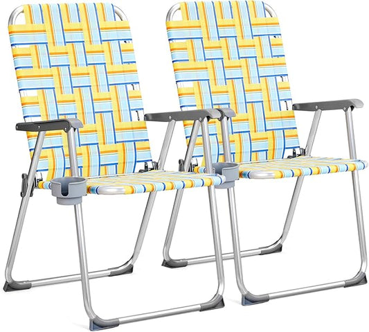 VINGLI Aluminum Patio Lawn Chairs Folding Set of 2 with Detachable Cup Holder, Webbed Beach Chair Folding Chair Outdoor Portable Camping Chair for Yard, Garden