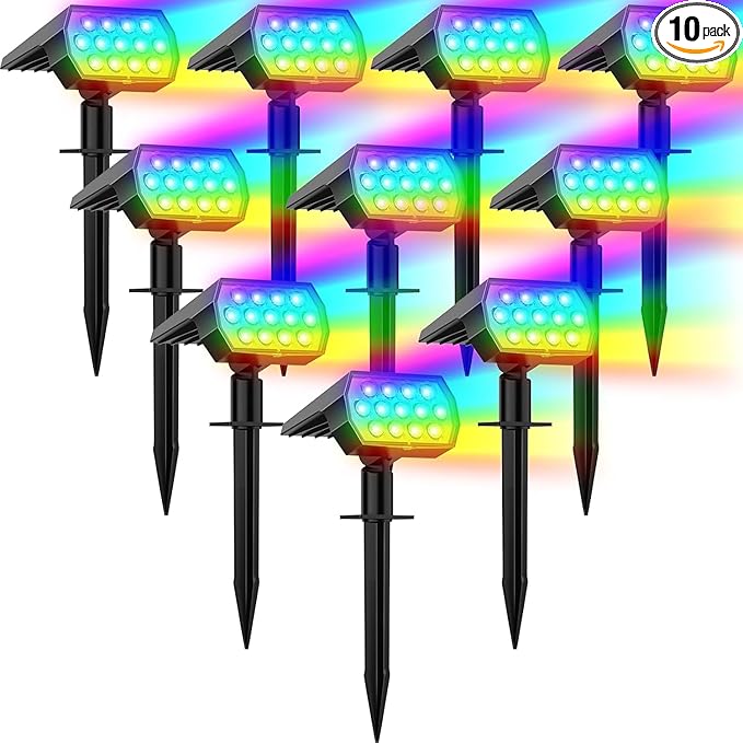 WELALO Solar Color Changing Spot Lights Outdoor, Waterproof Solar Christmas Lights with 7 Modes, Multicolor RGB Landscape Spotlights for Garden Yard Driveway Lawn Patio Pathway Decorations, 10 Pack