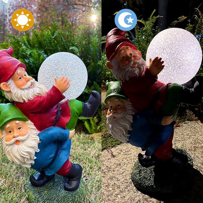 Solar Powered 2 Gnomes Playing with Ball, Decorated Solar Light, Garden Decorations Statues, Garden Light Decor for Lawn Ornaments, Resin Garden Figurines (2 Gnomes with a Glass Ball)