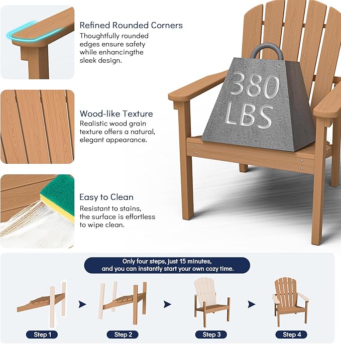 Stackable Adirondack Chair Set of 4, HDPE Outdoor Patio Chair - Durable and Space Saving, Suitable for Porches, Lawns or Garden, Teak