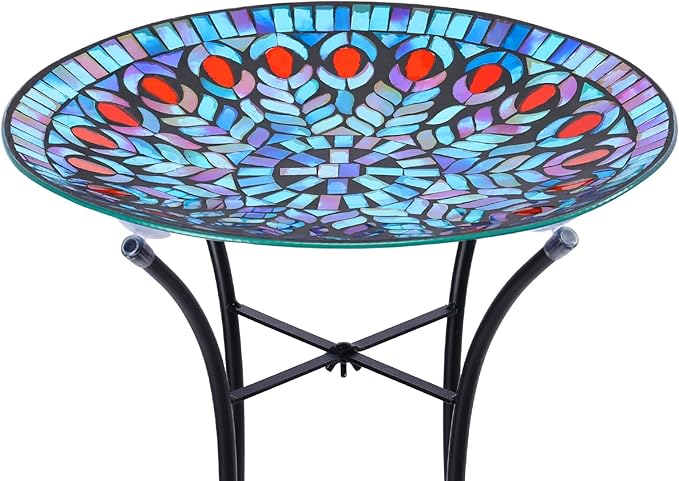 VCUTEKA Mosaic Bird Bath, Glass Birdbath Detachable with Metal Standing for Outdoor Patio Garden Backyard Décor