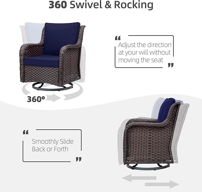 Towallmark Outdoor Swivel Wicker Glider Patio Chairs with Table Set, 3 Pieces Outdoor Bistro Set with 4”Thick Cushions and Coffee Table for Porch, Balcony, Deck (Blue)