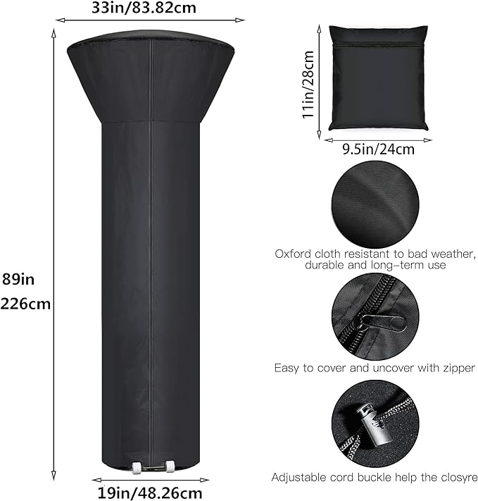 Patio Heater Covers with Zipper and Storage Bag,Waterproof,Dustproof,Wind-Resistant,Sunlight-Resistant,Snow-Resistant,Black,89'' Height x 33" Dome x 19" Base