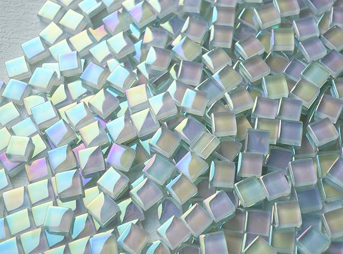 335pcs Crystal White Iridescent Mosaic Tiles, 0.4' Mini Square Glass Tiles for Mosaic Craft, 300G Smooth Edge Glass Pieces for Mosaic Making Supplies