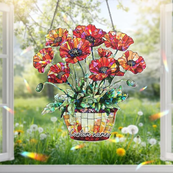 Red Poppy Flower Basket Suncatcher – Stained Glass Window Hanging, Sun Catchers Indoor Window, Ornament for Home Decor, Garden Decoration Housewarming
