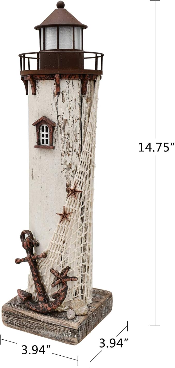 Wooden Lighthouse Decor with Light, Decorative Nautical Lighthouse Nightlight Rustic Ocean Sea Beach Themed Lighthouse Decoration