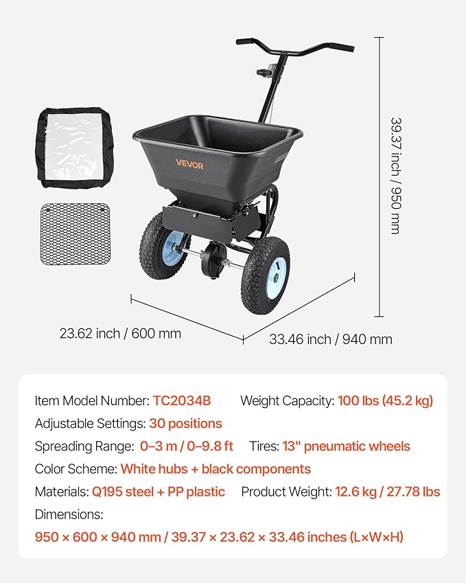 VEVOR Broadcast Spreader, 100LBS4Capacity, Walk-Behind Push Spreader, 0-9.8ft Spreading Width, 13 in All Terrain Pneumatic Tires, Lawn Spreaders with Hopper Grate, for Seed, Fertilizer, Salt, Ice Melt