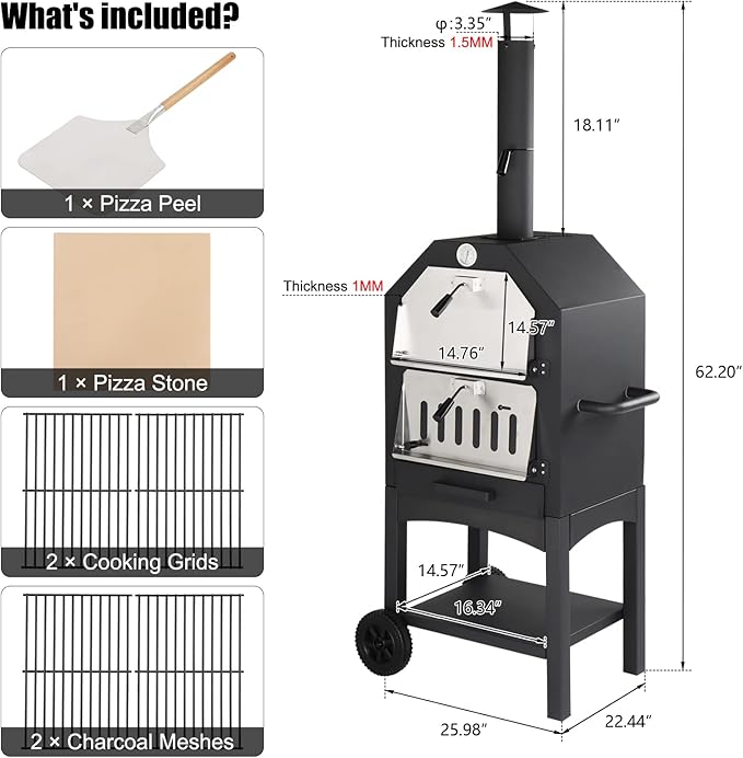 Outvita Outdoor Pizza Oven, Wood Fired Pizza Oven with Adjustable Chimney, Wheels, Pizza Stone, Pizza Peel, Grill Rack for Patio Cooking Picnic Party
