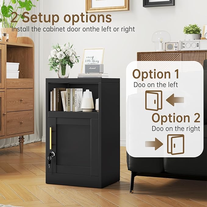 27" Metal Nightstand with Locked Doors, Small Sidetable with Storage Shelf, Storage Cabinet for Bedroom, Metal End Table for Home, Office Black