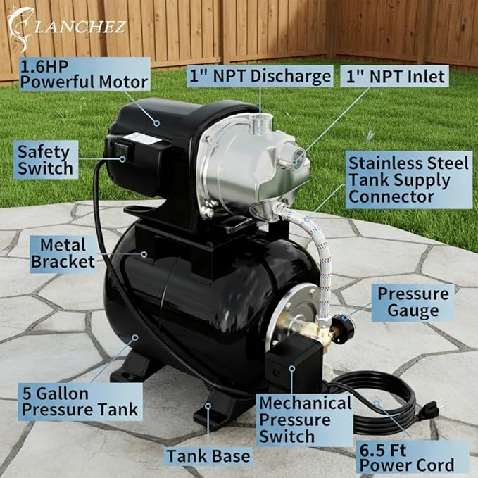 LANCHEZ 1.6HP Shallow Well Pump with Pressure Tank, 1340GPH Automatic Irrigation Water Booster Jet Pump, 115V Stainless Steel Water Transfer Pump for Home Garden Lawn Sprinkler Irrigation