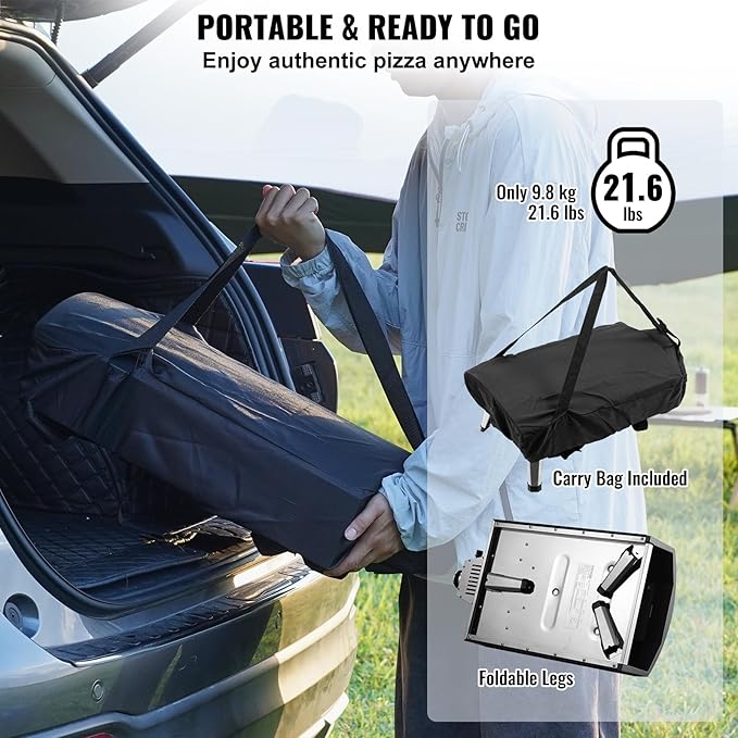 VEVOR Propane Outdoor Pizza Oven, 12 Inch Gas Pizza Maker, Portable Pizza Cooker with Thickened Pizza Stone, Carry Bag, Foldable Leg, Stainless Steel Pizza Oven for Outside Camping & Backyard