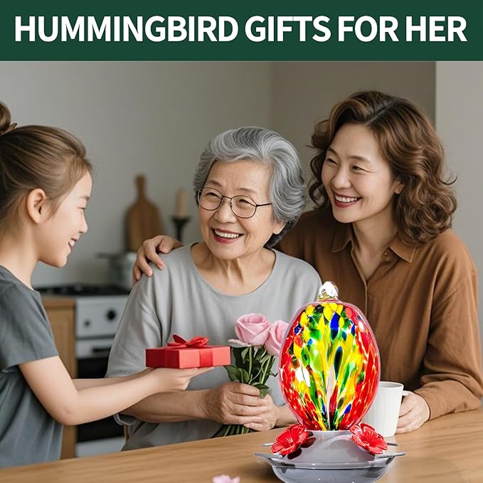 Muse Garden Hand Blown Glass Hummingbird Feeder - 19OZ Plastic Base Humming Bird Feeders for Outdoors Hanging, Garden Decor Gifts for Bird Lovers, Red Phoenix