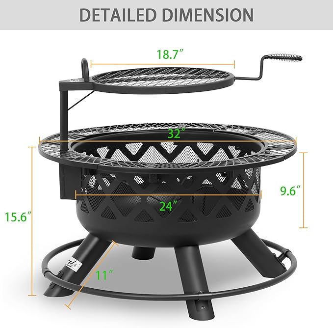 BALI OUTDOORS Fire Pit with Poker, 32 inch Outdoor Fire Pit Patio, Wood Burning Firepits for Outside with Grill