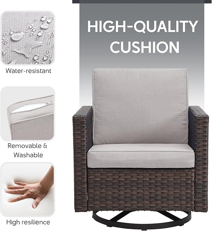 7 Piece Wicker Patio Furniture Set - Outdoor Swivel Rocker Chairs Set with Coffee Table, Side Table, 3 Seat Sofa & Ottomans, Small Patio Conversation Sets for Balcony Deck - Brown/Beige