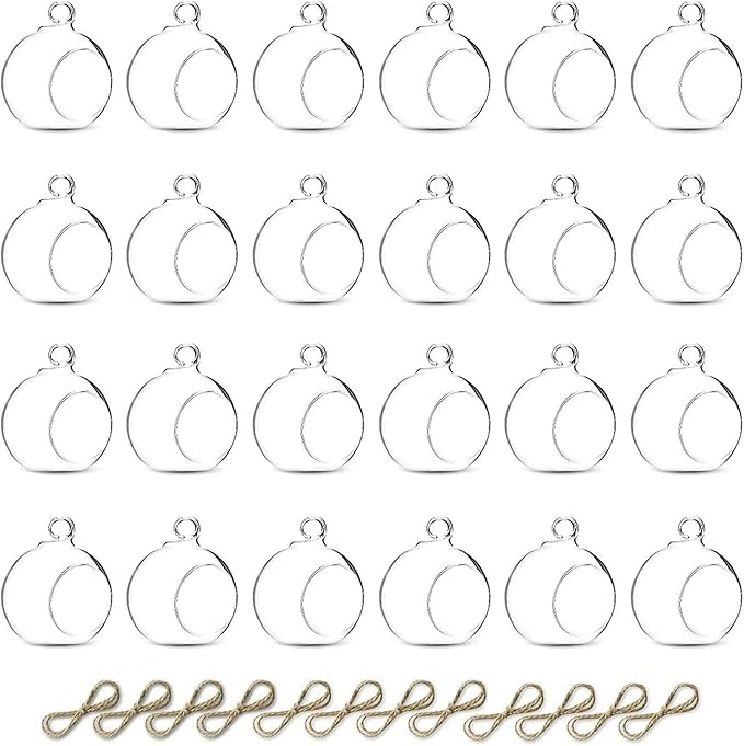 Nuptio 24 Pcs Hanging Glass Tealight Holder Globe 2.36" Diameter, Tea Light Candle Holders Wedding Christmas Halloween Home DIY Gifts, Garden Hanging Ornaments Outdoor Candle Holders