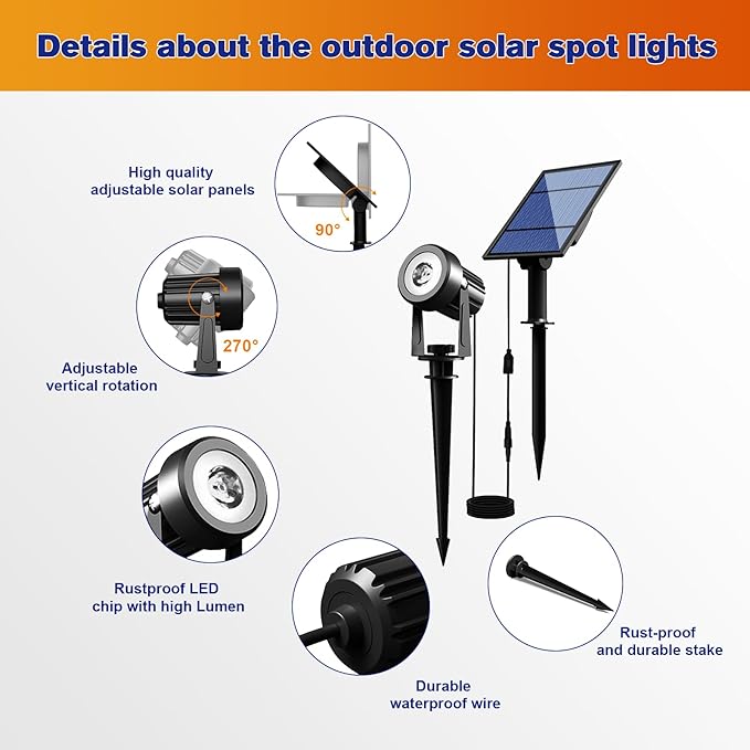 APONUO Solar Spot Lights Outdoor 2-in-1 Solar Landscape Lighting Dusk to Dawn Solar Uplights IP65 Waterproof 9.8ft Cable Outdoor Spot Lights for Yard Pathway Garden Tree Decoration (Cool White)