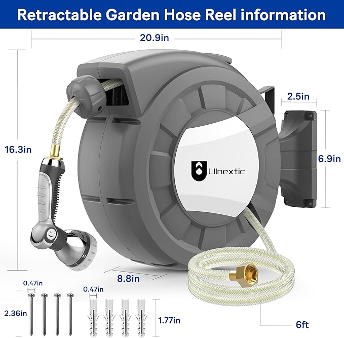 Retractable Garden Hose Reel,1/2 in x 50 ft Wall Mounted Hose Reel,10-Pattern Spray Nozzle, Any Length Lock/Slow Return System/Wall Mounted/180°Swivel Bracket