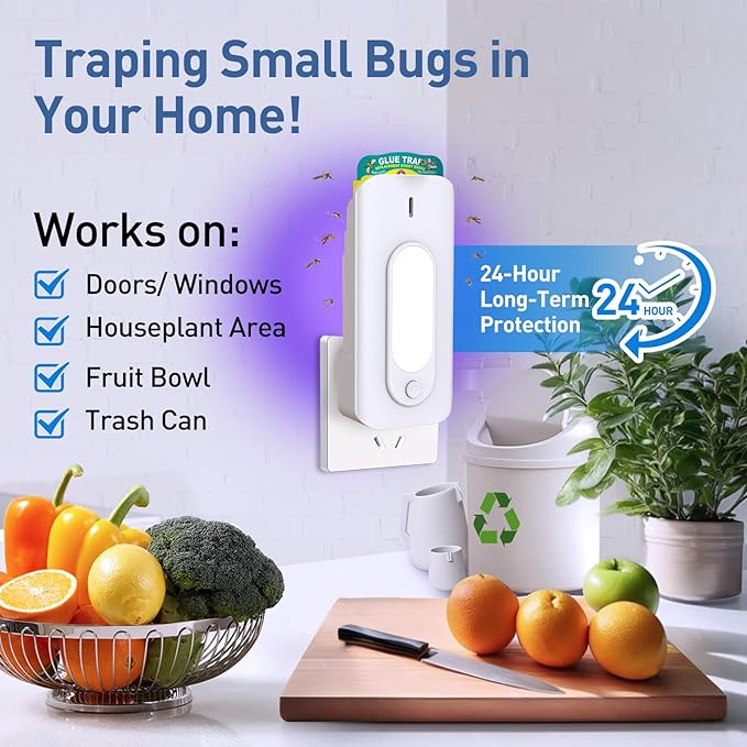 Fruit Fly Trap for Indoors-2PCS, 2 in 1 Fly Trap Indoor with Night Light for Home with 20 Refills, Gnat Traps for House Indoor, Plug-in Insect Trap for Gnats, Flies, Moths-White