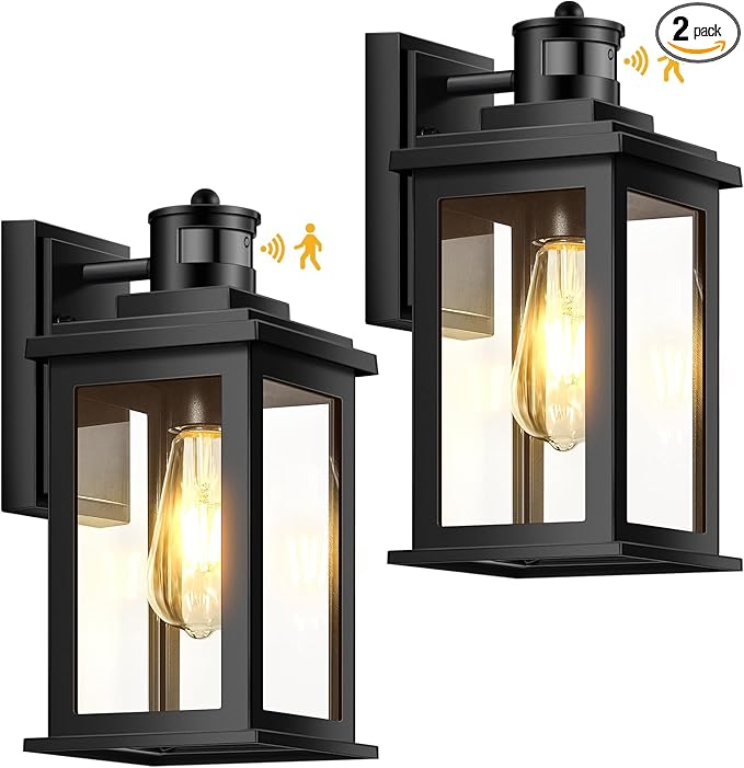 VIANIS Motion Sensor Outdoor Light, 2 Packs Exterior Lights for House, Black Waterproof Dusk to Dawn Outside Porch Lights Lantern for Garage Patio Doorway,Distance Adjustable(Hardwired, not Solar)