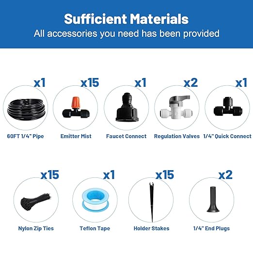 Mist Drip Irrigation System for Garden Watering 60FT, 1/2" & 1/4" Quick-Connect Micro Misting kit for Greenhouse, Plant, Lawn, Raised Bed, Vegetable, Flower. Hanging or Inground Misters Sprinkler