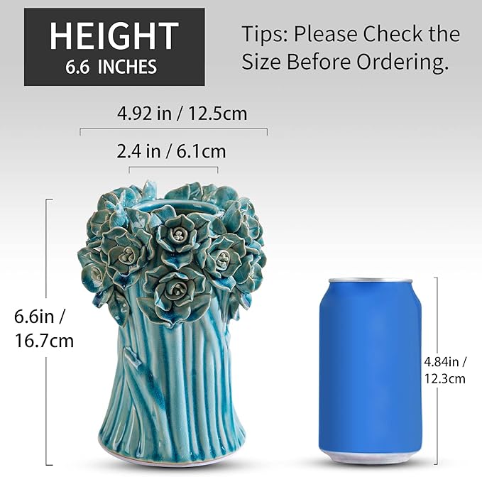 Handmade Blue Ceramic Vase with 3D Flowers, Blue Bud Wedding Bouquets Vases for Centerpieces, Vintage Floral Vase for Home Cottage Core Decor, Decorative Vases for Living Room, Housewarming Gift 6.6In