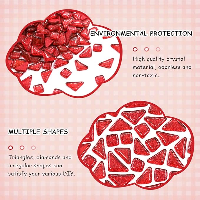 Swpeet 1 Pound Red Shine Crystal Series Mosaic Tiles Assortment Kit, Square and Triangle Genuine Mosaic Tiles Glitter Crystal Mosaic Perfect for Home Decoration Crafts