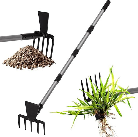 Walensee Hoe Garden Tool, 63 Inch Garden Hoe with Adjustable Long Handle for Weeding, 5-Tines Hoe Cultivator 2 in 1 Hand Weeder Tools for Yard Lawn Planting Gardening Digging