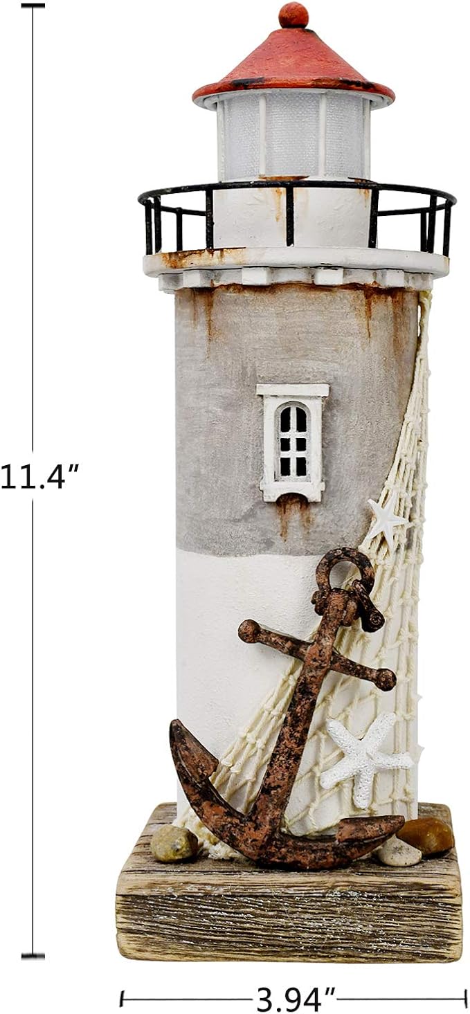 Wooden Lighthouse With Light - Rustic Nautical Ocean Sea Beach Themed Decoration, Handcrafted Tabletop Home and Bathroom Decor (11.4"H)