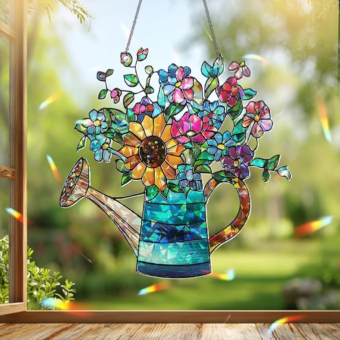 Sunflower Watering Can Suncatcher – Stained Glass Floral Ornament, Window Hanging Sun Catchers for Kitchen, Garden and Home Christmas Decoration