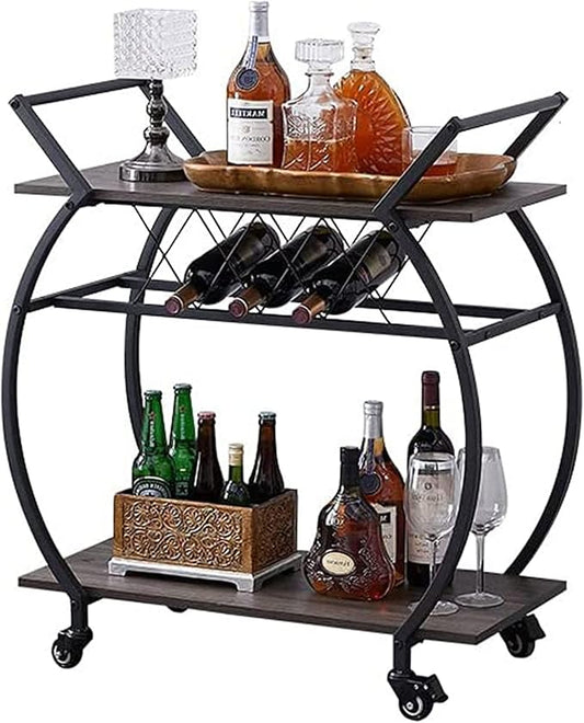 LVB Bar Cart with Wine Rack, 2 Tier Kitchen Cart on Wheels, Industrial Wood and Metal Portable Coffee Cart Table for Home, Rustic Modern Mobile Rustic Rolling Serving Cart with Shelves, Dark Oak