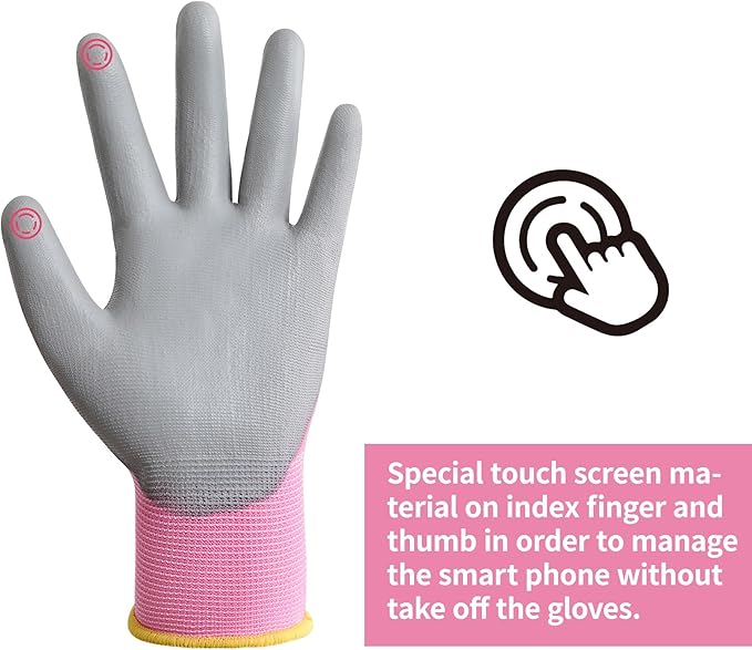 DULFINE Work Gloves for Men PU Coated 12 Pairs Bulk Pack,Pink Seamless Knit Glove with thin Polyurethane,Two Finger Touchscreen, for Men and Women, Ideal for Light Duty Work. (Medium)