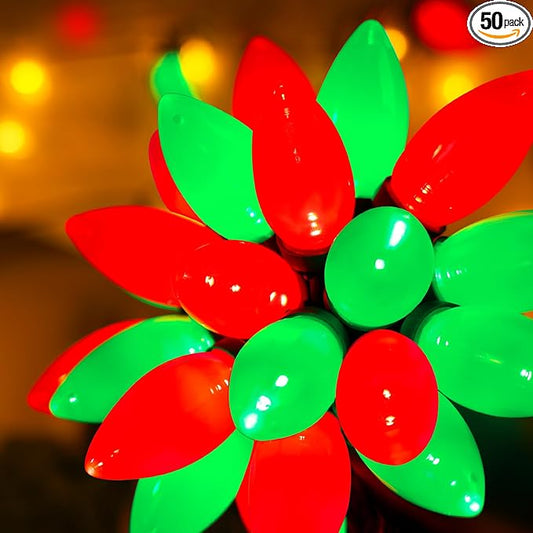 C9 Bulbs Classic Christmas Lights - 50 LED 32ft Strawberry String Light Red&Green - Extendable 8 Modes Funtion with Timer Fairy Lighting for Outdoor, Indoor, Party, Home, Tree Decorations