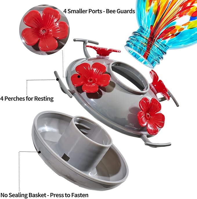 Muse Garden Hand Blown Glass Hummingbird Feeder - 19OZ Plastic Base Humming Bird Feeders for Outdoors Hanging, Garden Decor Gifts for Bird Lovers, Blue Fireworks