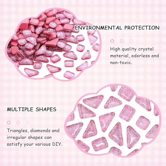 Swpeet 1 Pound Pink Shine Crystal Series Mosaic Tiles Assortment Kit, Square and Triangle Genuine Mosaic Tiles Glitter Crystal Mosaic Perfect for Home Decoration Crafts