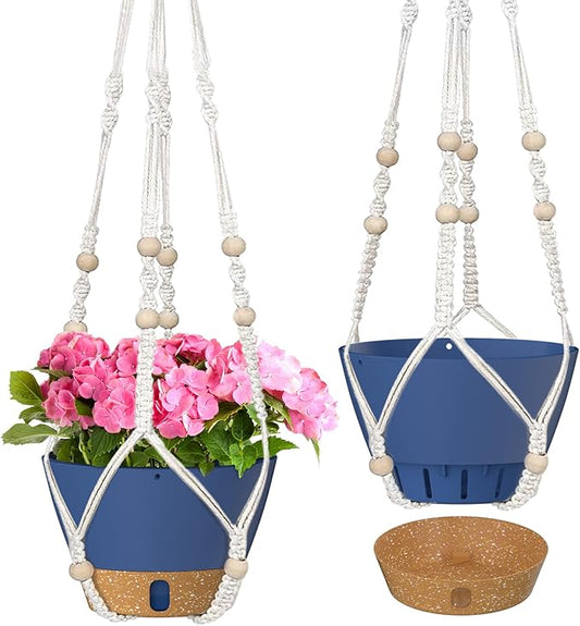 ZMTECH 2 Pack 10 Inch Blue Hanging Planters with Macrame Plant Hanger for Indoor and Outdoor Plants, Self Watering, Drainage Hole, Visible Level Tray