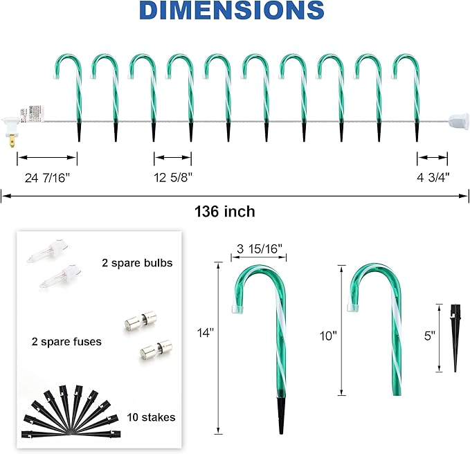 10" Christmas Candy Cane Lights - Set of 10 Pathway Markers Christmas Outdoor Yard Decorations, Green Xmas Candy Cane Stake Lights for Lawn, Walkway, Garden, Xmas Party Indoor Ornaments