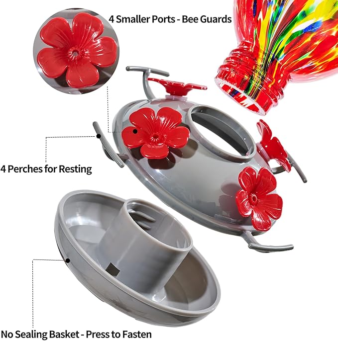 Muse Garden Hand Blown Glass Hummingbird Feeder - 19OZ Plastic Base Humming Bird Feeders for Outdoors Hanging, Garden Decor Gifts for Bird Lovers, Red Phoenix