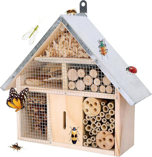 antiai Wooden Mason Insect Bee Butterfly House,Insect Hotel,an Outdoor Hanging Bamboo Habitat for Ladybugs Live,Bee Box,Butterfly Habitat for Garden,12.4 x 12 x 3.9 Inch