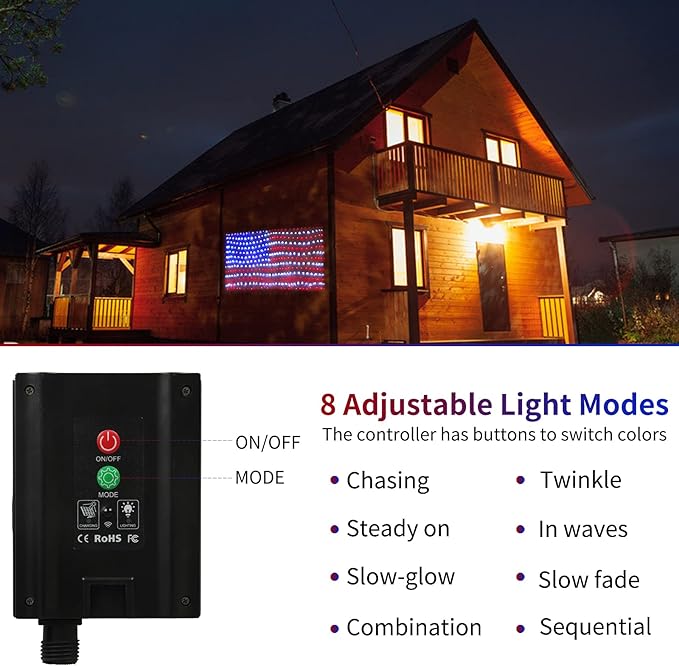 XTF2015 Solar American Flag Lights, 2 in 1 Solar Powered & Plug in American Flag Light, 420 LED Waterproof Patriotic Ornaments for Memorial Day, Independence Day, 4th of July, Party, Yard Decorations