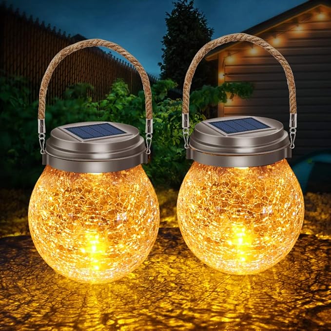 DBF Solar Lanterns Outdoor Waterproof, 2 Pack Hanging Solar Lights Outdoor, LED Cracked Glass Ball Globe Lantern Garden Decor for Patio Backyard Pathway Tree Porch Fence Events (Amber Warm & RGB)