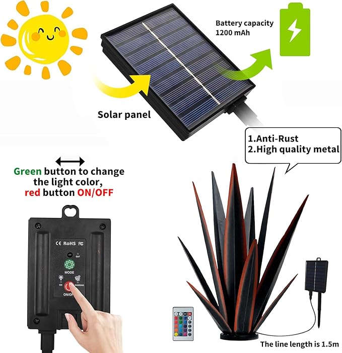 Large Tequila Rustic Sculpture, Rustic Metal Agave Plants for Outdoor Patio Yard, Home Decor Hand Painted Metal Agave Garden Yard Statue, Outdoor Lawn Ornaments (Blue - L (W/Solar Light))