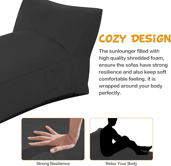 Modern-Depo Outdoor Chaise Lounge Chair, Sunbed UV Resistant Sofa Couch Patio Furniture Waterproof Outside Sunlounge Reclining Sunbathing Bed Comfy Single Chaise Daybed for Garden, Pool, Beach, Black