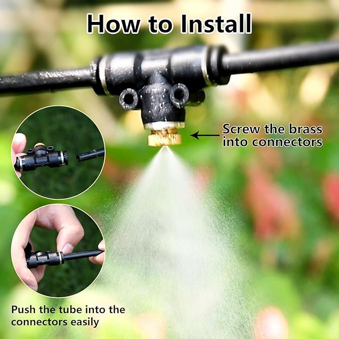 24 Pack Brass Misting Nozzles Outdoor Cooling System with 24 Heavy Duty Mister Nozzle,24 Tees,4 Brass Plugs,4 Black Plugs for Outdoor Cooling System