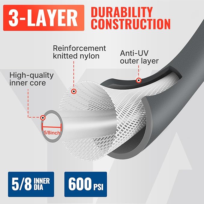 YAMATIC Heavy Duty Garden Hose 5/8 in x 100 ft with Swivel Handle, Super Flexible Water Hose, All-weather, Lightweight, Burst 600 PSI, Grey