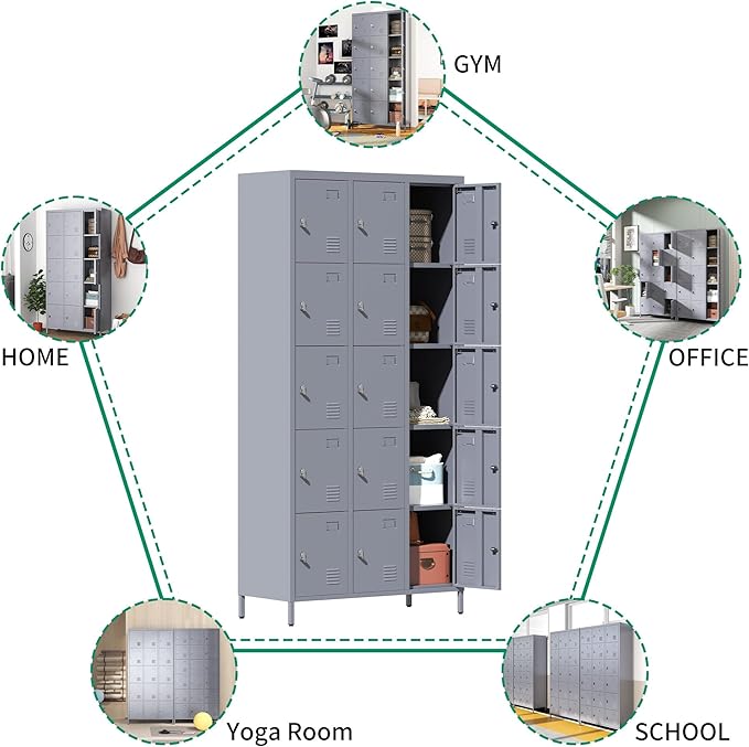 Metal Lockers for Employees, Storage Employee Locker, 72" Storage Lockers with Shelves Steel Cabinet for Home (Gray, 15 Door)
