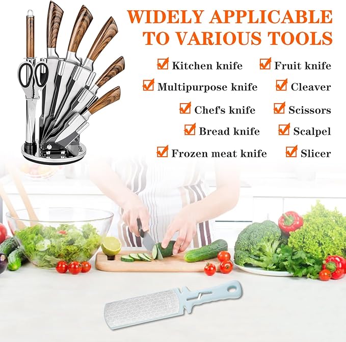 Diamond Sharpening Stone,400/1000 Grit Handheld Double-Sided Diamond Sharpener 5 in 1 Honeycomb Surface Knife Sharpener Plate Whetstone with Ceramic & Tungsten Steel Scissor Slot,Blue